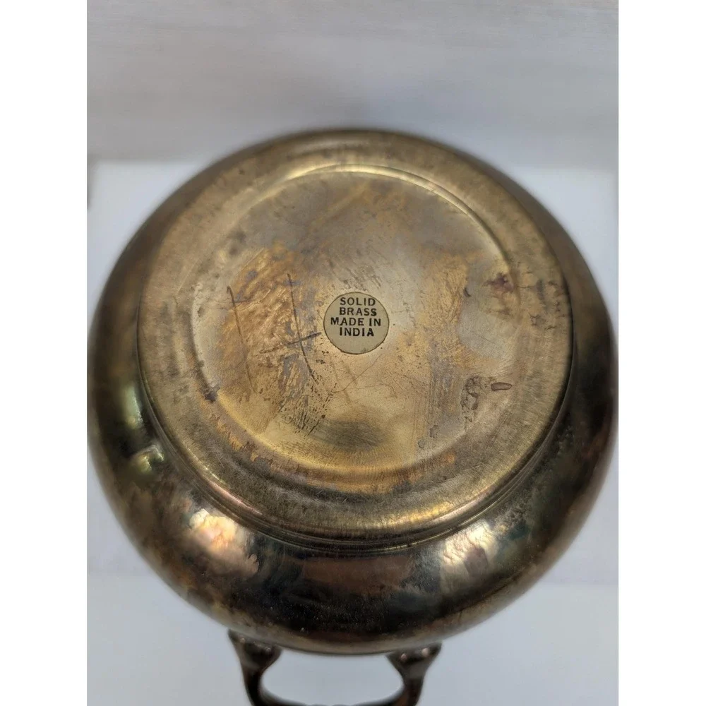 Vintage Solid Brass Two Handle Small Bowl Planter 4x5 In Made In India